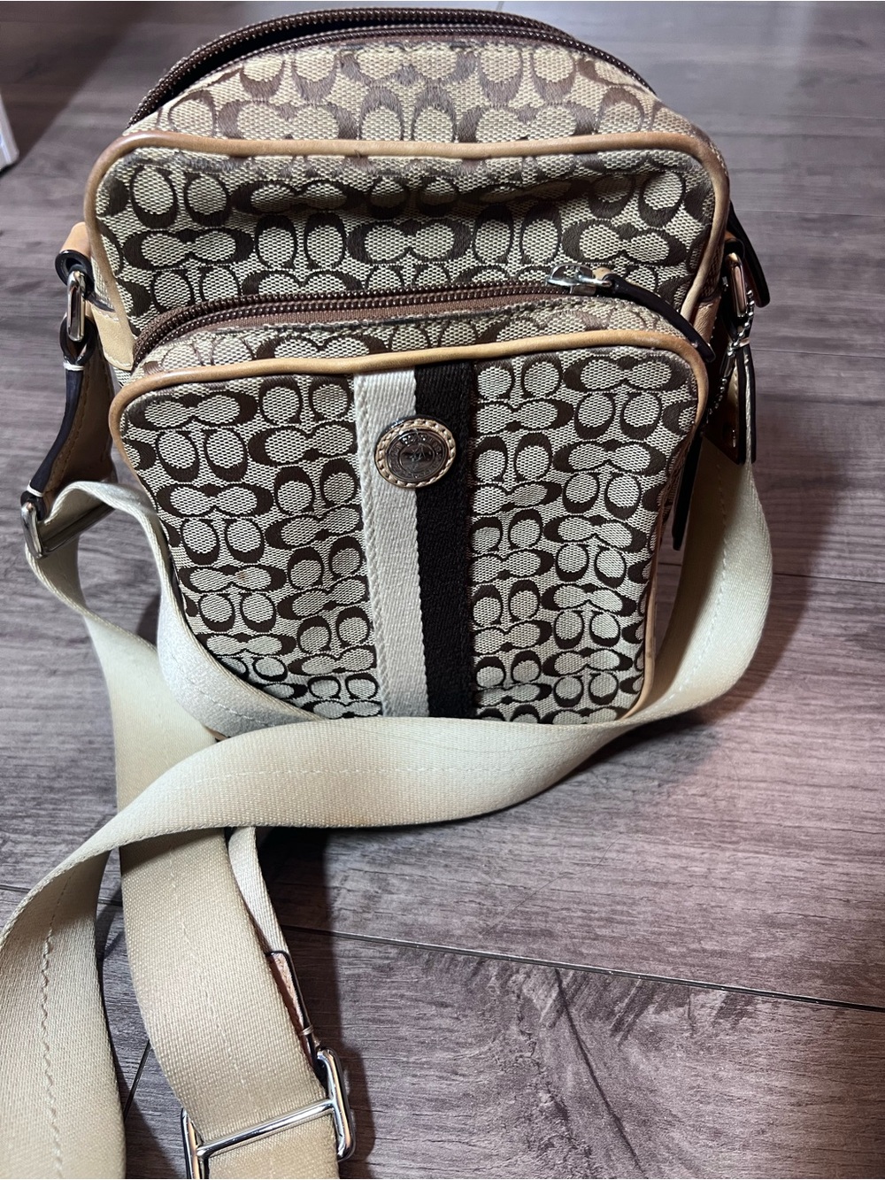 Coach Signature Crossbody in Khaki and Brown with Cream Strap